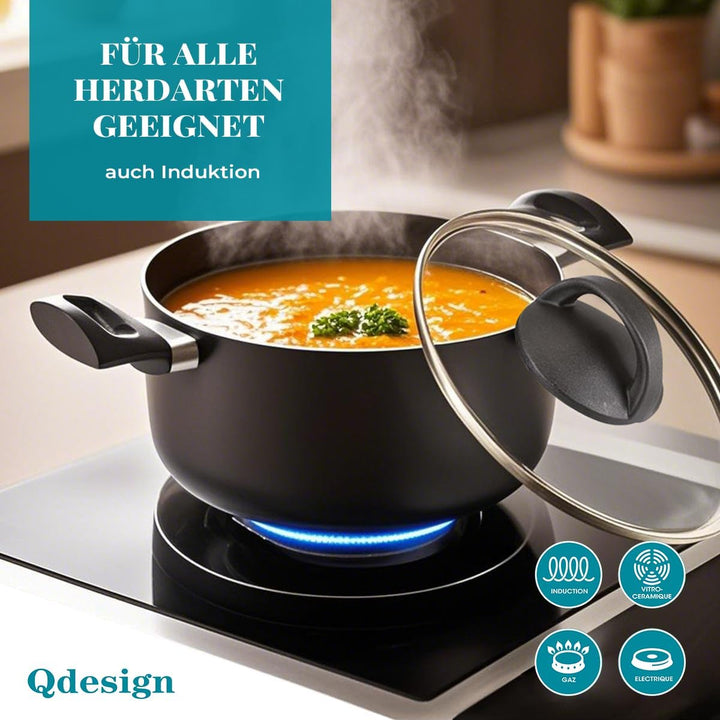 QDESIGN BLACK+ 2er-Set PFOA-freie, antihaftbeschichtete Aluminium-Kasserollen + 2 Glasdeckel – für a