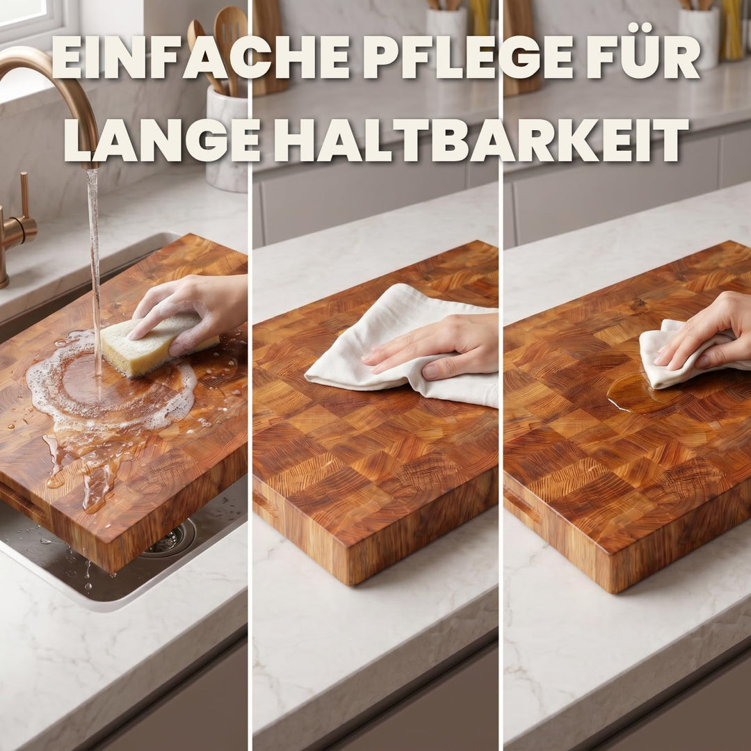 Premium Stirnholz Schneidebrett Eiche 50 x 30 x 4 cm schont die Messerklingen und sorgt für maximale