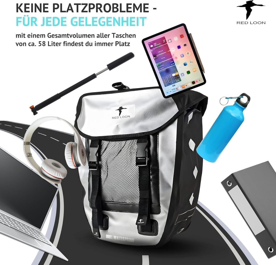 Red Loon 3er Set 2 x robuste Fahrradtasche aus LKW-Plane 1 x Fahrrad-Rucksack – wasserdichte Doppelp