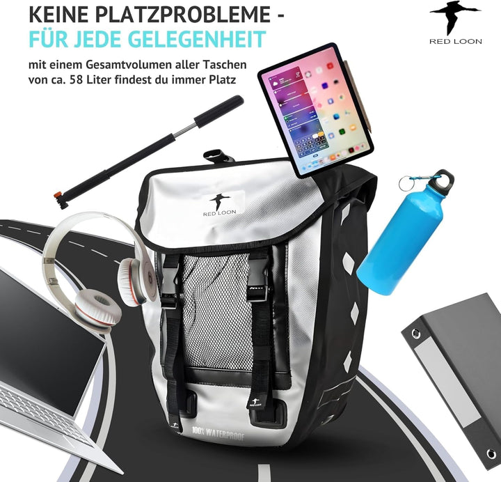 Red Loon 3er Set 2 x robuste Fahrradtasche aus LKW-Plane 1 x Fahrrad-Rucksack – wasserdichte Doppelp