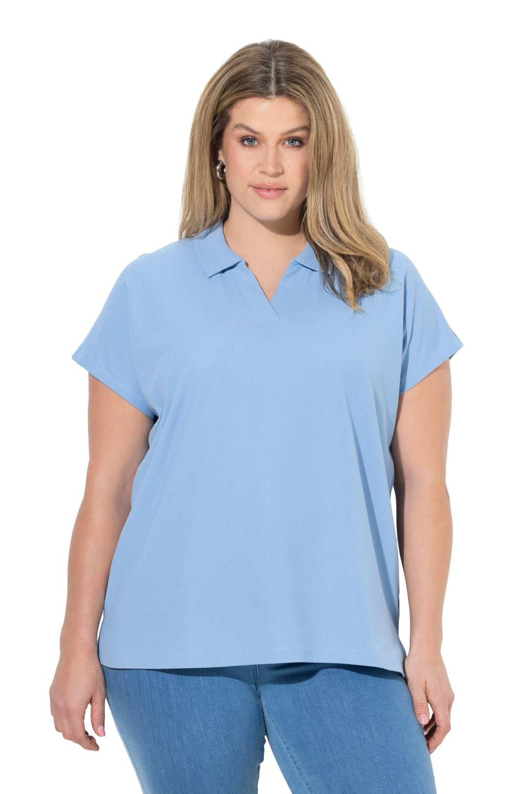 Ulla Popken Damen grosse Grössen Übergrössen Plus Size Poloshirt, Oversized, Polokragen, Halbarm, Bi