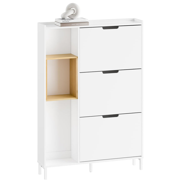 SoBuy Schuhschrank Schmal Weiss Bambus – Kompakter Schuhkipper mit 3 Klappen, Offenem Holzrahmen, Pl