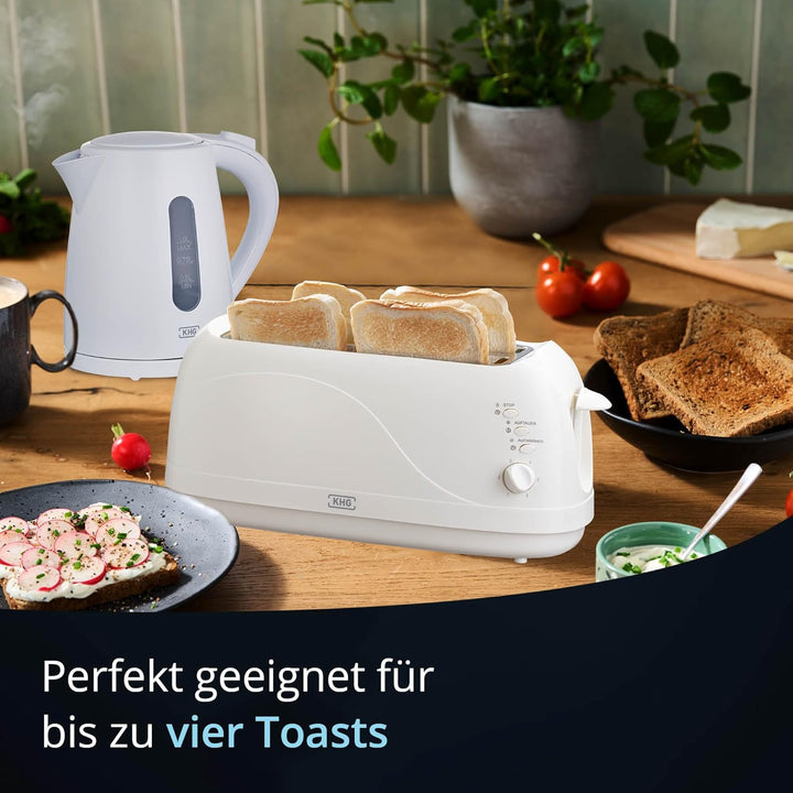 KHG Frühstücksset Weiss| Toaster 4 Scheiben Langschlitztoaster mit Brötchenaufsatz, 6 Bräunungsstufe