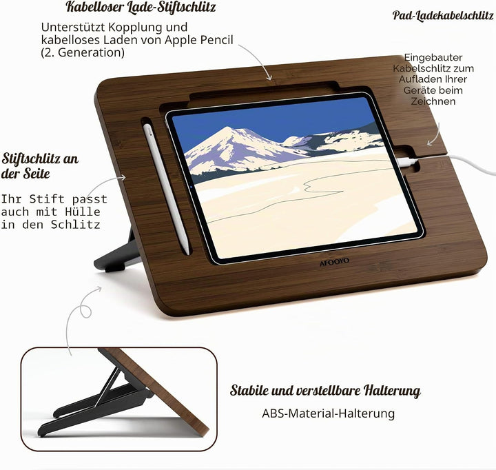 AFOOYO Bambus-Tablet-Ständer – tragbar und verstellbar, 5 Winkel, Laptop-Erhöhung, Buch-Leseständer,