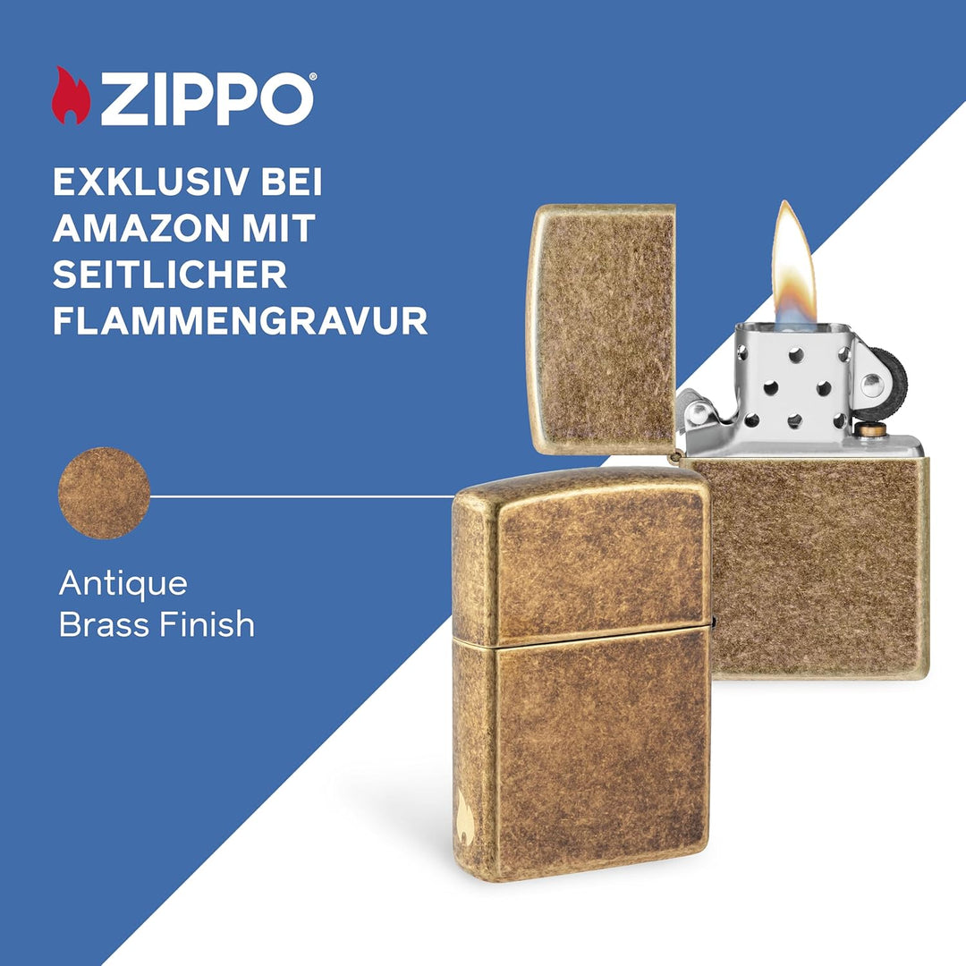 ZIPPO - Antique Brass - nachfüllbares Sturmfeuerzeug in hochwertiger Geschenkbox (Gold, Flammenmotiv