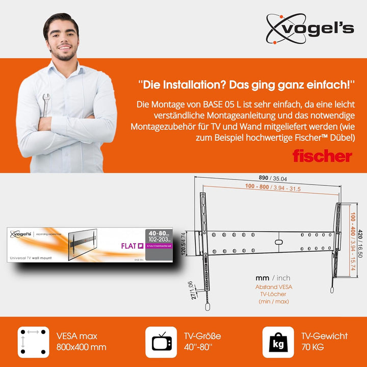 Vogel's BASE 05L flache TV Wandhalterung für 40-80 Zoll (102-203 cm) Fernseher, Flach, Max. 70 kg, H