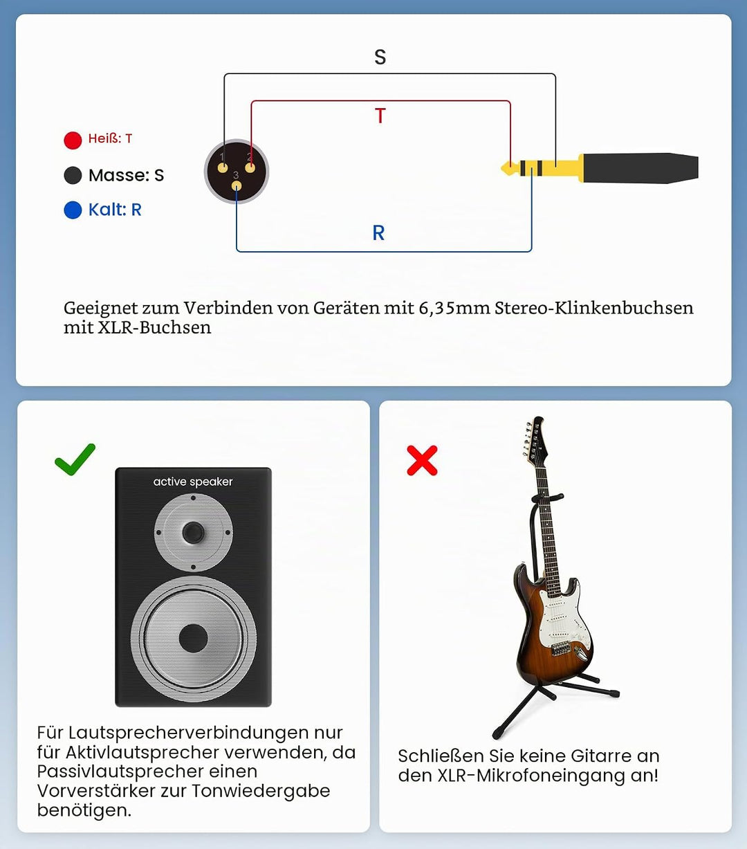 Tisino Klinke 6,3 TRS Auf XLR Kabel, Nylongeflecht Symmetrisches 6,35 Mm Stereo Klinke Auf XLR Signa