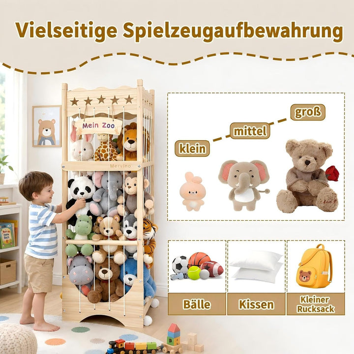 Mervino Holz Kuscheltier Aufbewahrung Plüschtier Lagerung mit 360° Rollen | Grosse Kapazität Stoffti