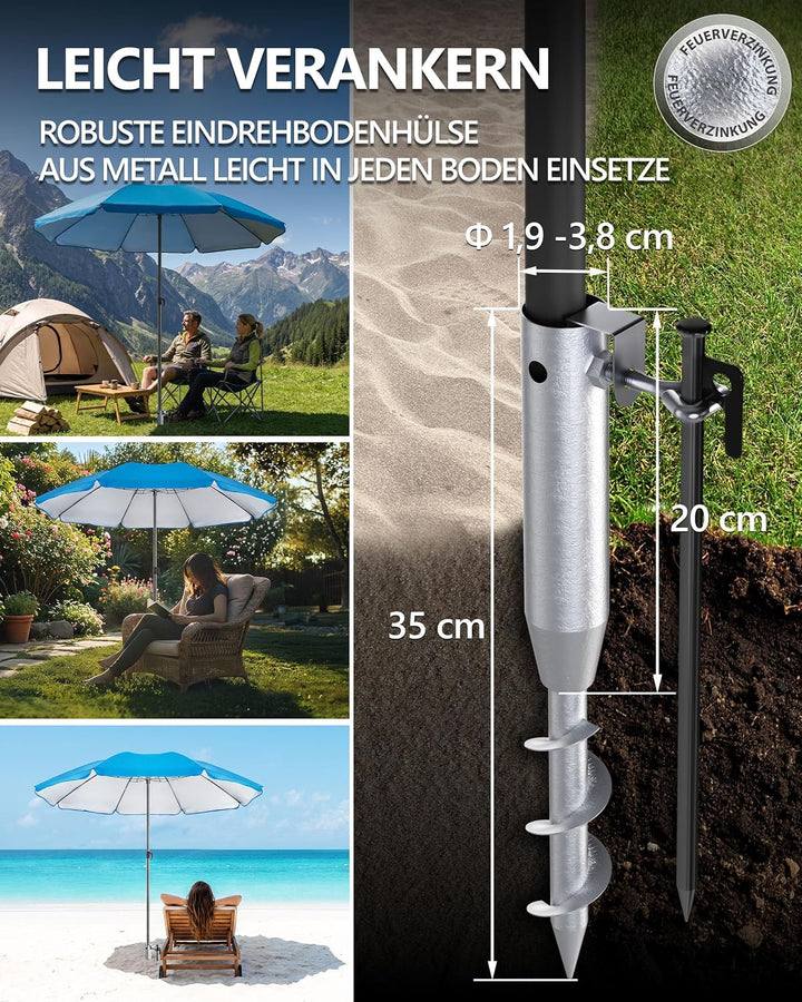 4smile Sonnenschirm Strand Ø 180 cm mit Eindrehbodenhülse, Blau | Strandschirm windfest stabil mit E