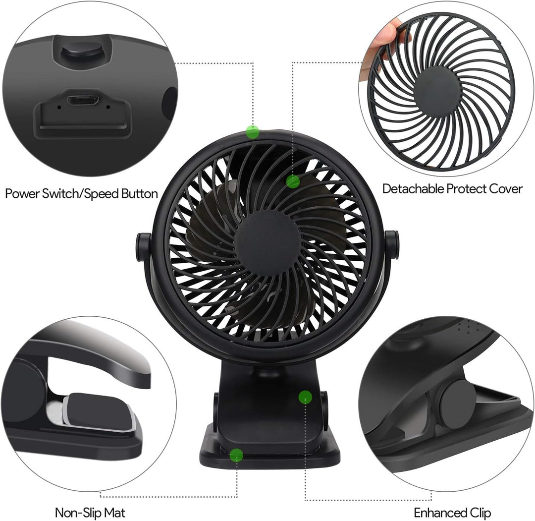 Mini USB Ventilator, Tragbarer Clip Tischventilator mit 3000mAh Wiederaufladbare Batterie, 3 Geschwi
