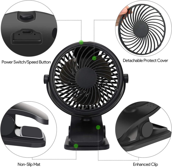 Mini USB Ventilator, Tragbarer Clip Tischventilator mit 3000mAh Wiederaufladbare Batterie, 3 Geschwi