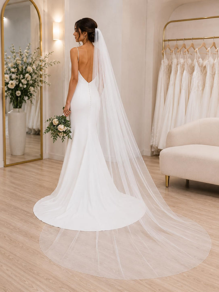 Hochzeit Brautschleier Lang Kathedrale Länge 1 Ebene Brautschleier Elegant Weich Tüllboden 274 cm Sc