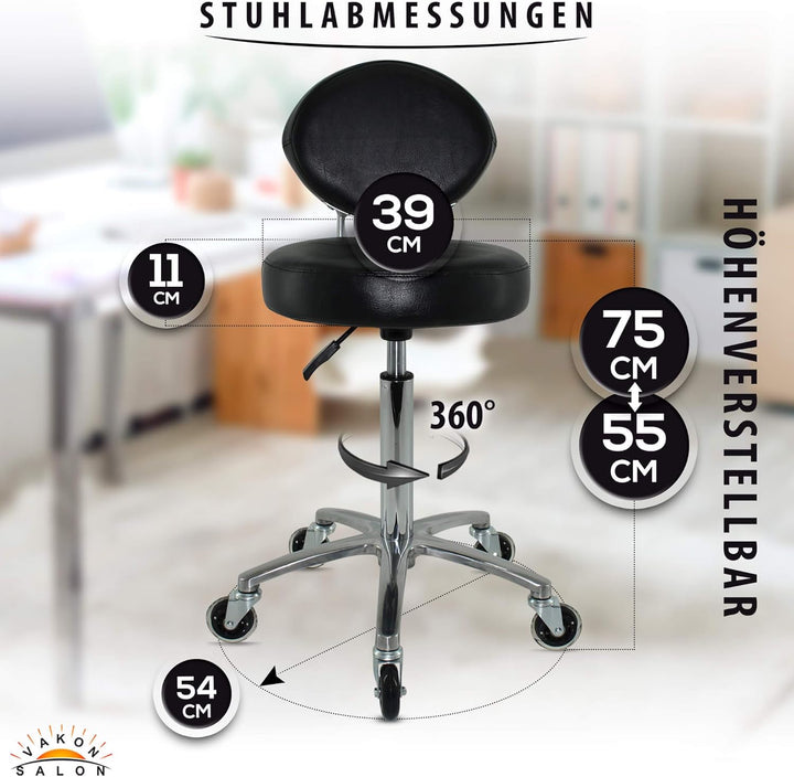 Premium Rollhocker mit ovaler Lehne höhenverstellbar von 55 bis 75 cm - Rundsitz- Drehhocker Arbeits