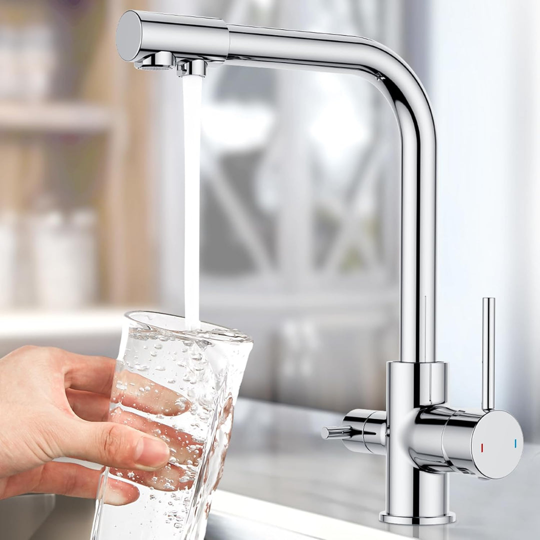 FORIOUS Wasserhahn Küche, 3 Wege Wasserhahn Mischbatterie Küche, Zweigriffige Edelstahl-Spülarmature