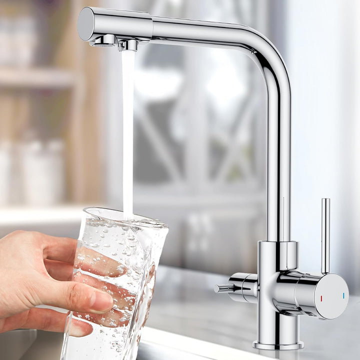FORIOUS Wasserhahn Küche, 3 Wege Wasserhahn Mischbatterie Küche, Zweigriffige Edelstahl-Spülarmature