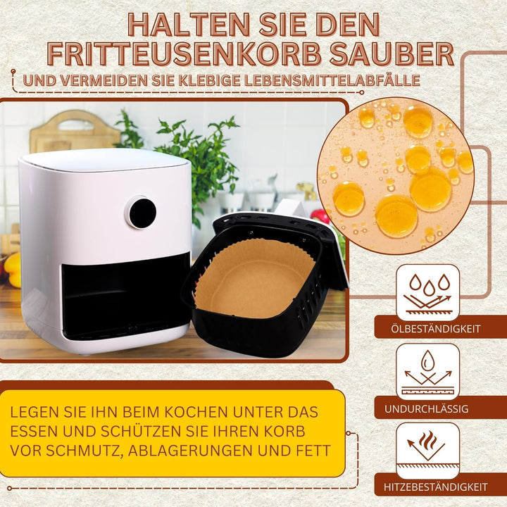 Backpapier für Heissluftfritteuse BPA-Frei 20-24cm | quadratisches Papier in der Auflaufform(20-24cm