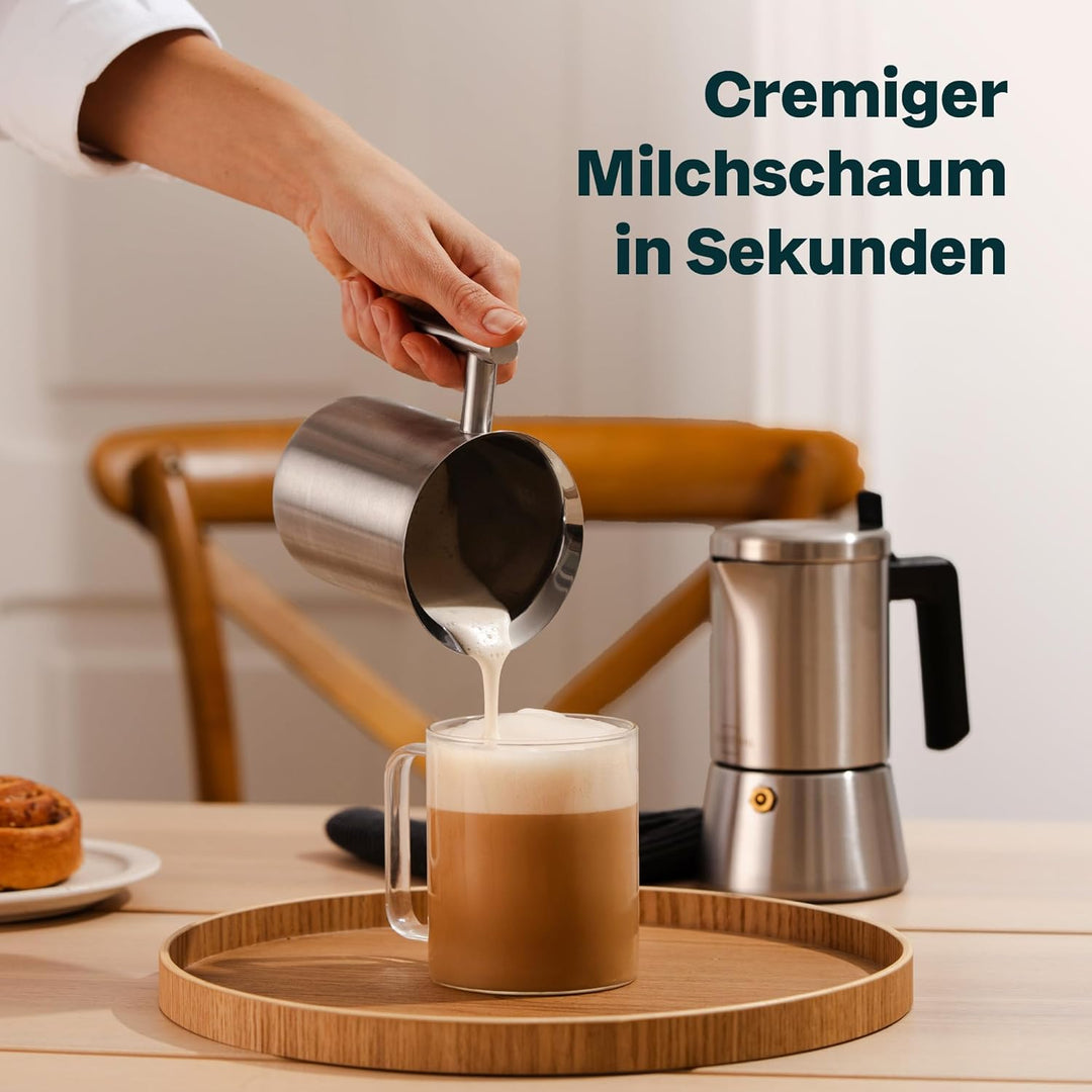 SILBERTHAL Milchaufschäumer Manuell Edelstahl - 400ml - Perfekter Milchschaum dank doppeltem Sieb un