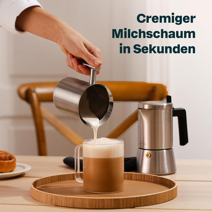 SILBERTHAL Milchaufschäumer Manuell Edelstahl - 400ml - Perfekter Milchschaum dank doppeltem Sieb un