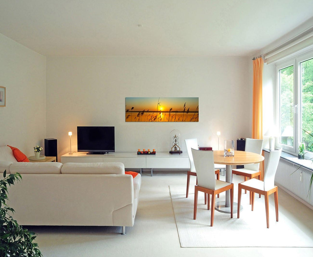 Augenblicke Wandbilder Leinwandbild als Panorama in 150x50cm Fluss Gräser Sonnenuntergang Himmel