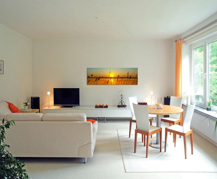 Augenblicke Wandbilder Leinwandbild als Panorama in 150x50cm Fluss Gräser Sonnenuntergang Himmel