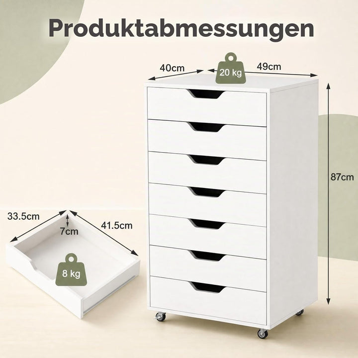 GIANTEX Rollcontainer mit 7 Schubladen, Aktenschrank mit Rollen, Schubladenschrank Holz, Druckertisc