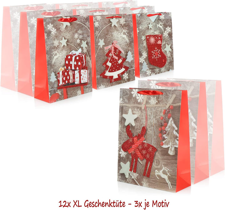 COM-FOUR® 12x XL Geschenktüte für Weihnachten, Nikolaus und Advent - Geschenktasche mit Weihnachtsmo