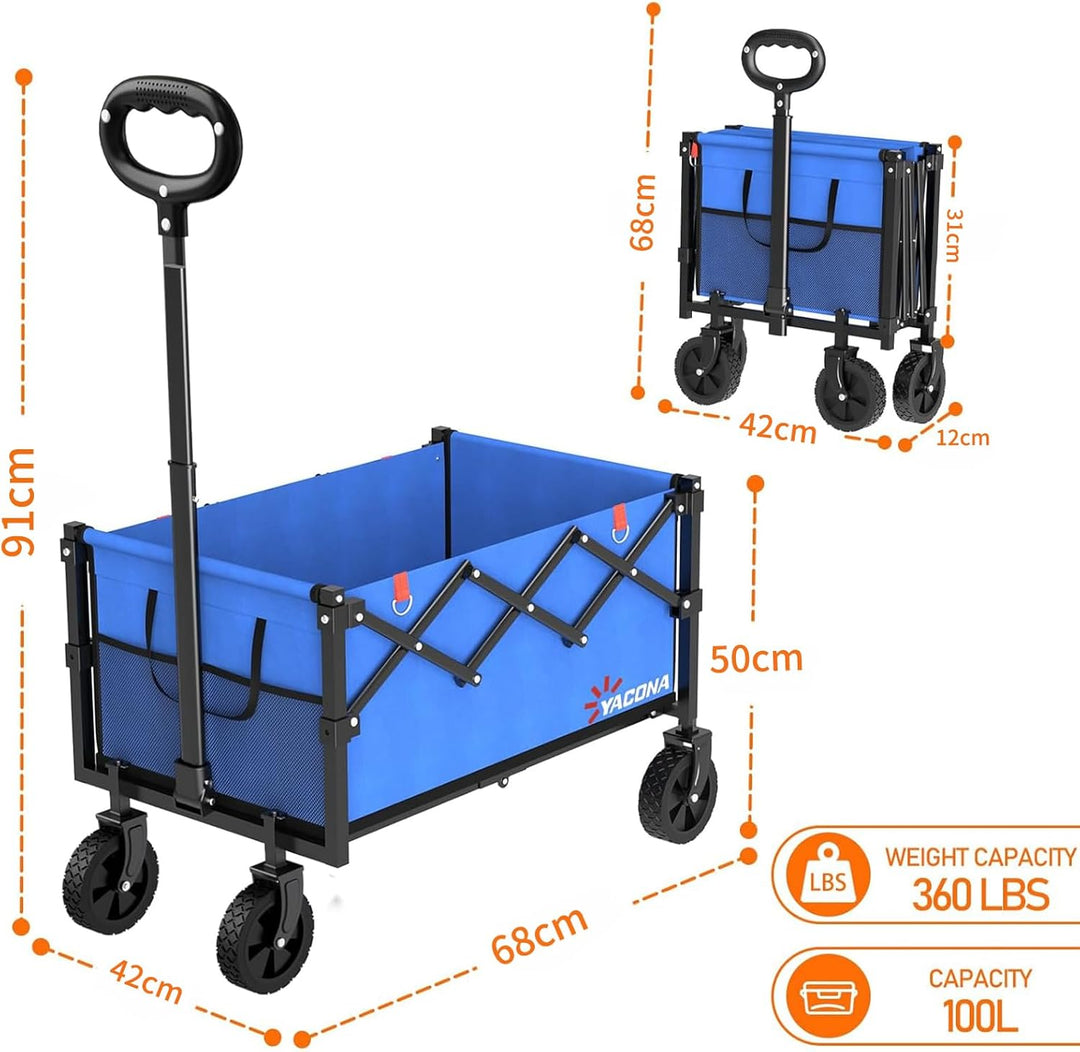 Bollerwagen Faltbar mit 4 verstärkten Rollen, Faltbarer Klappbarer Handwagen mit Griff, Bollerwagen