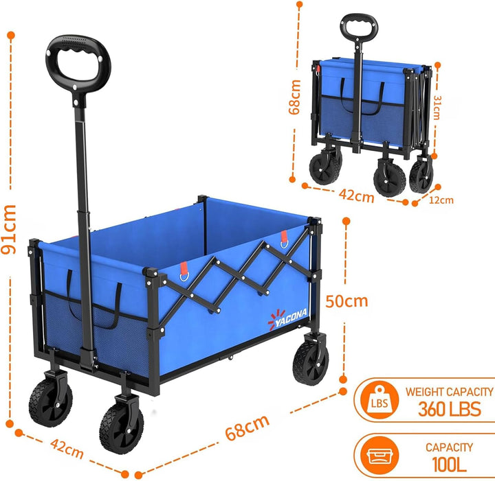 Bollerwagen Faltbar mit 4 verstärkten Rollen, Faltbarer Klappbarer Handwagen mit Griff, Bollerwagen