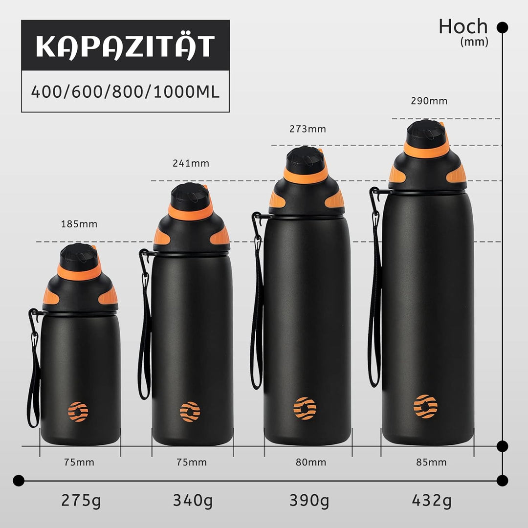 Fjbottle Edelstahl Trinkflasche Sport mit Magnetischem Deckel 1L, 800ml, 600ml, 400ml BPA-Frei Ausla