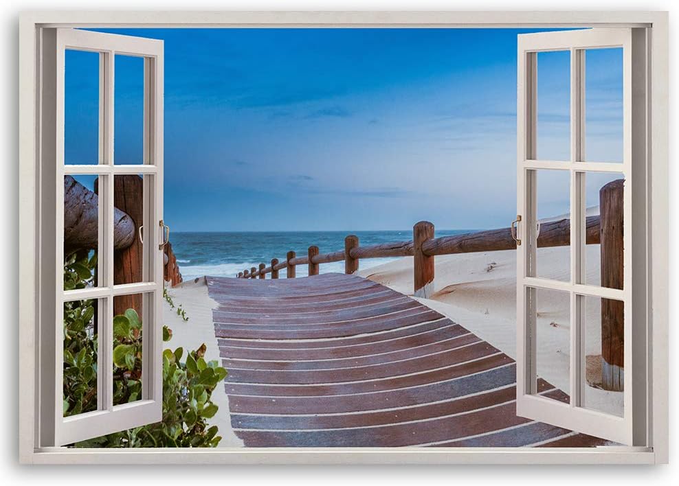 Feeby Wandbild Fenster-Illusion Druckbild Leinwandbild Landschaft Blau 90x60 cm Leinwandbild 90x60 c