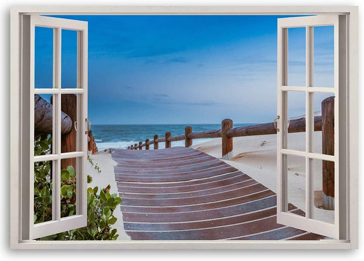 Feeby Wandbild Fenster-Illusion Druckbild Leinwandbild Landschaft Blau 90x60 cm Leinwandbild 90x60 c