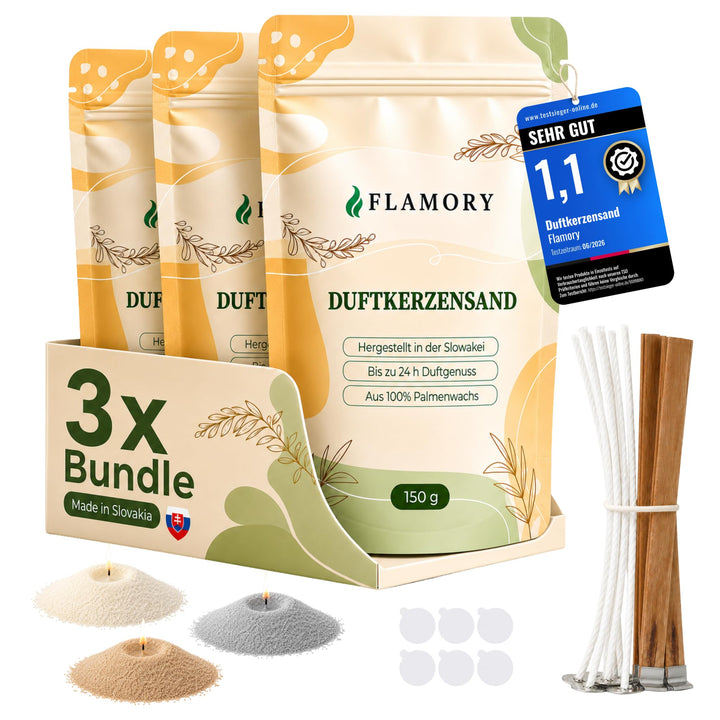 Kerzensand mit Duft Cozy Set 3x150g – Candle Sand [Vanille/Sandelholz/Moschus] – 9 Dochte inklusive