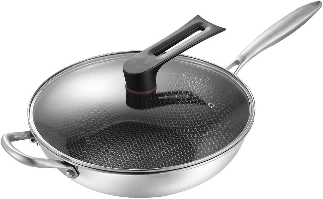 Wok, Wok-Pfanne mit Geschnitzter Mikrogravur, 3-lagiger Doppelseitiger Waben-Edelstahl-Wok für die K