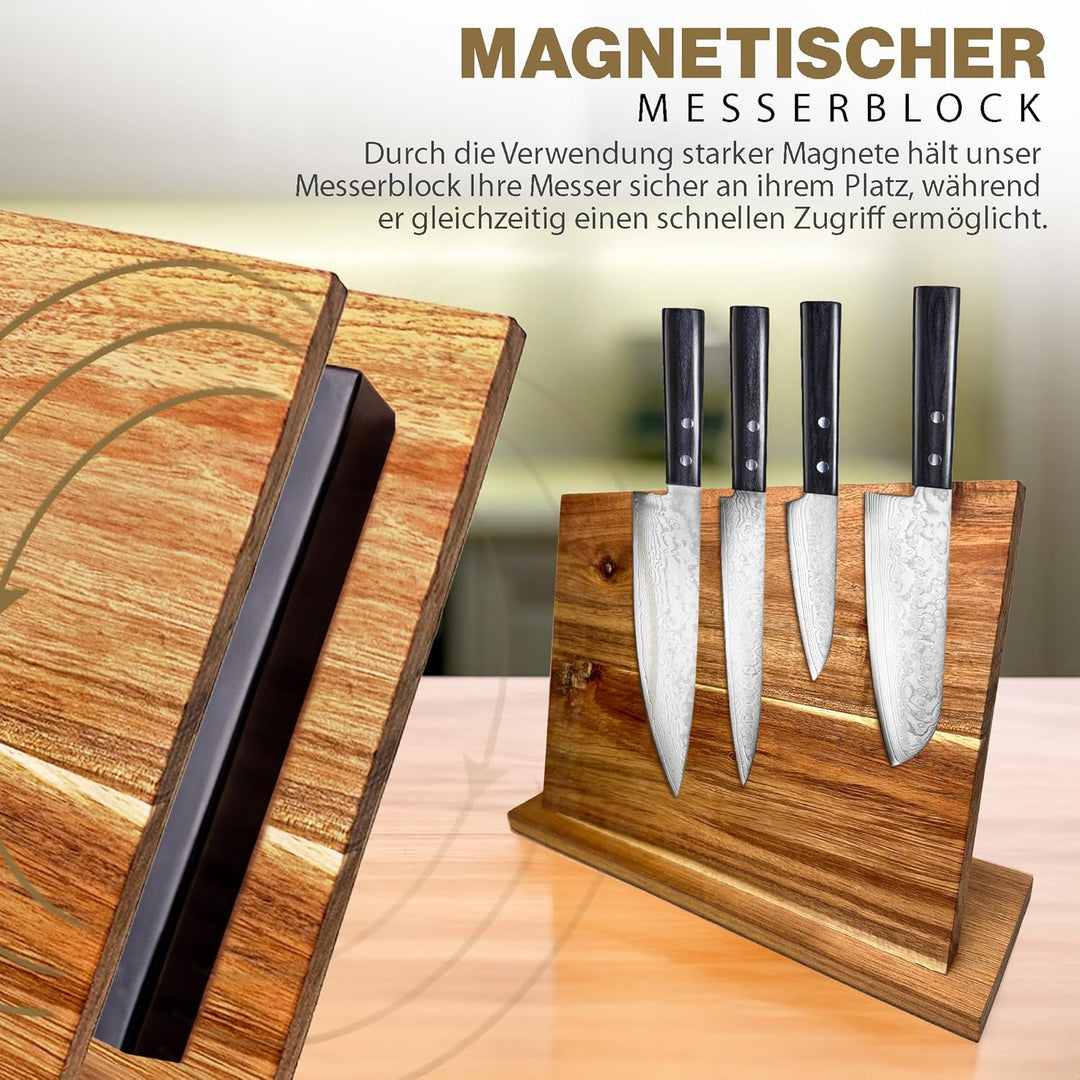 TOPANBIETER 999 Magnetischer Messerblock aus Akazienholz - Doppelseitig nutzbar, Kochbuchhalter & Me