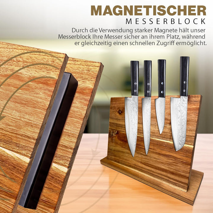 TOPANBIETER 999 Magnetischer Messerblock aus Akazienholz - Doppelseitig nutzbar, Kochbuchhalter & Me