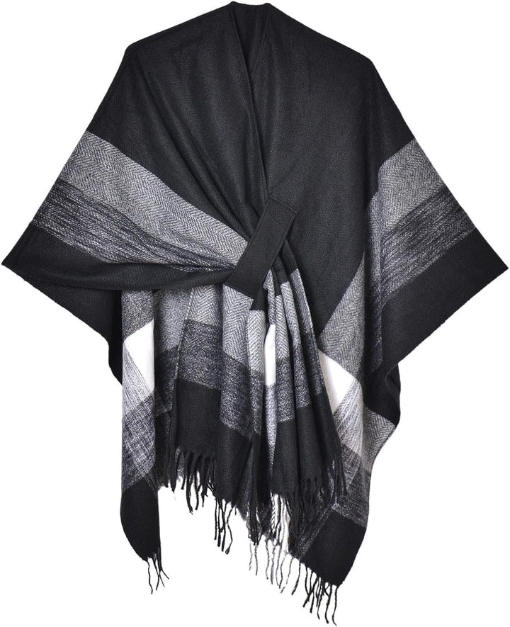 Wahuan Eleganter Bequemer Damen Poncho Pullover mit Chevronstreifen und Fransen Poncho Cape Retro Ca