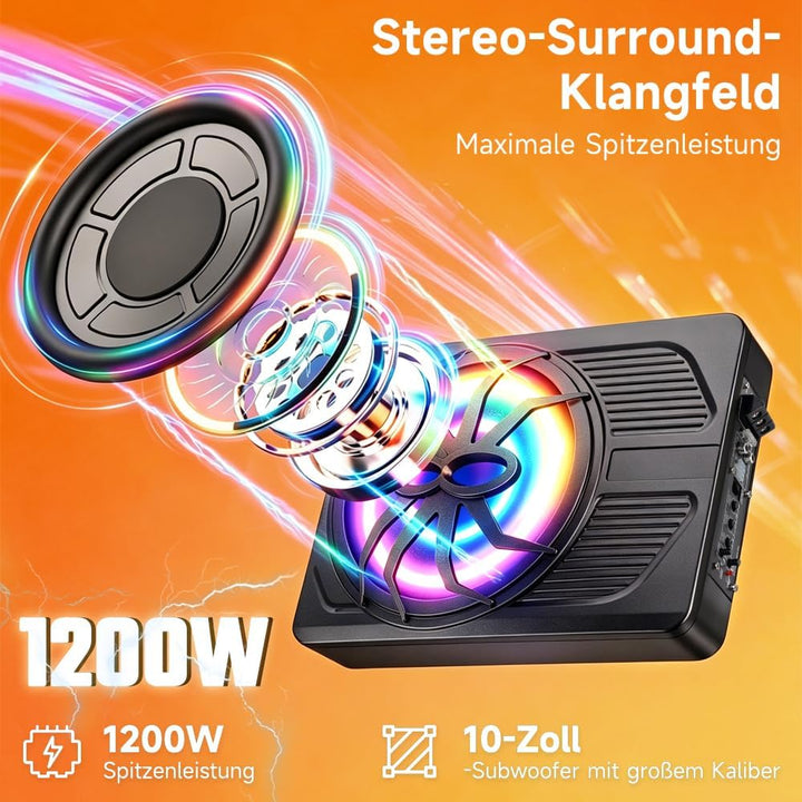 1200W 10 Zoll Slim Aktiv Subwoofer Auto mit APP Steuerung und Farblicht,12V Untersitz Auto Subwoofer