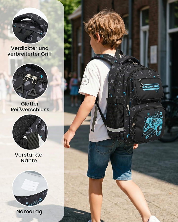 Amythe Schulrucksack Jungen Teenager, Schultasche Kinder mit Reflektoren für 1. bis 4. Klasse, Leuch