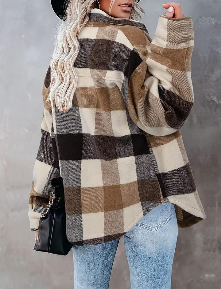 Timuspo Damen Flanell Karierte Hemdjacke Lange Ärmel Baumwolle Revers Button-Down-Bluse Shacket Mant