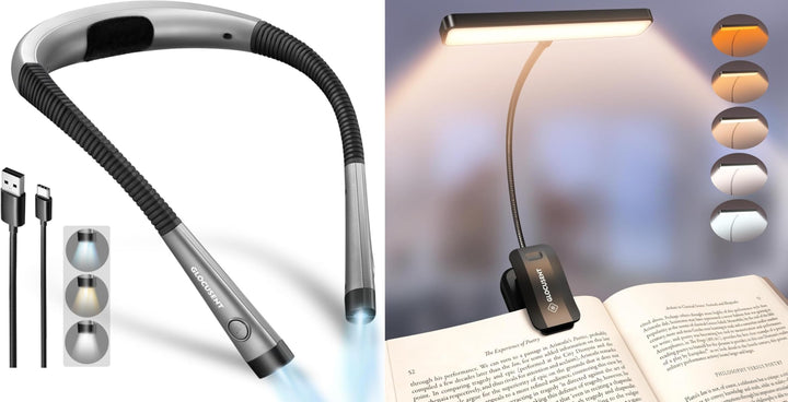 Glocusent Leselampe Hals mit 3 Farben & 6 Helliggkeitsstufen & 26 LEDs Leselampe Buch Klemme mit 5 F