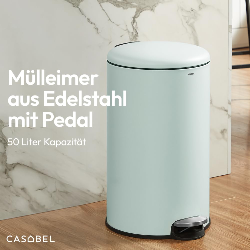 CASABEL runder Küchenabfalleimer 50L, Edelstahl, Mintgrün | Pedalöffnung, Soft-Close, fingerabdruckr