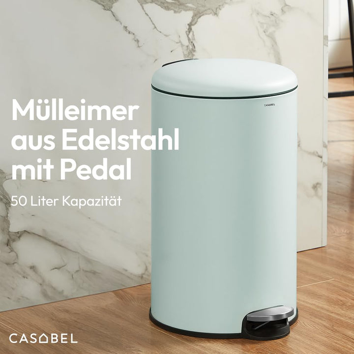 CASABEL runder Küchenabfalleimer 50L, Edelstahl, Mintgrün | Pedalöffnung, Soft-Close, fingerabdruckr