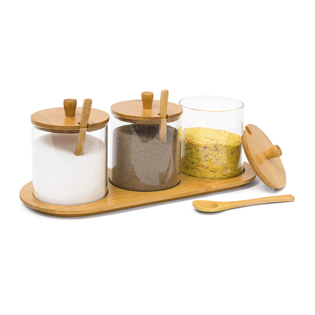 Relaxdays Gewürzgläser JIAO HBT: 12 x 31 x 12 cm Bambus Gewürzhalter für 3 Gewürzbehälter aus Glas m