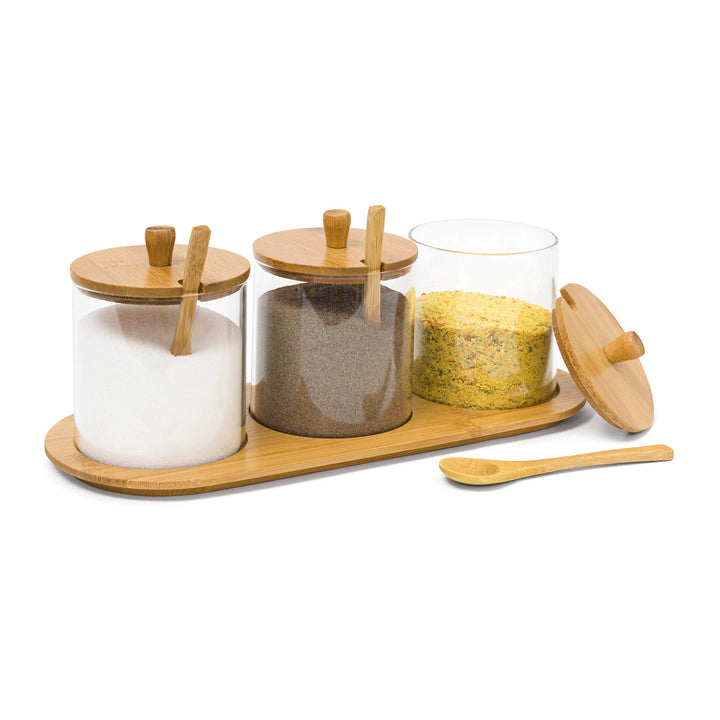Relaxdays Gewürzgläser JIAO HBT: 12 x 31 x 12 cm Bambus Gewürzhalter für 3 Gewürzbehälter aus Glas m