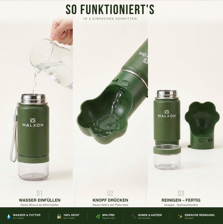 3-in-1 Trinkflasche Hunde für unterwegs – Wasserflasche mit Futterbehälter & Trinknapf – 300ml – Aus