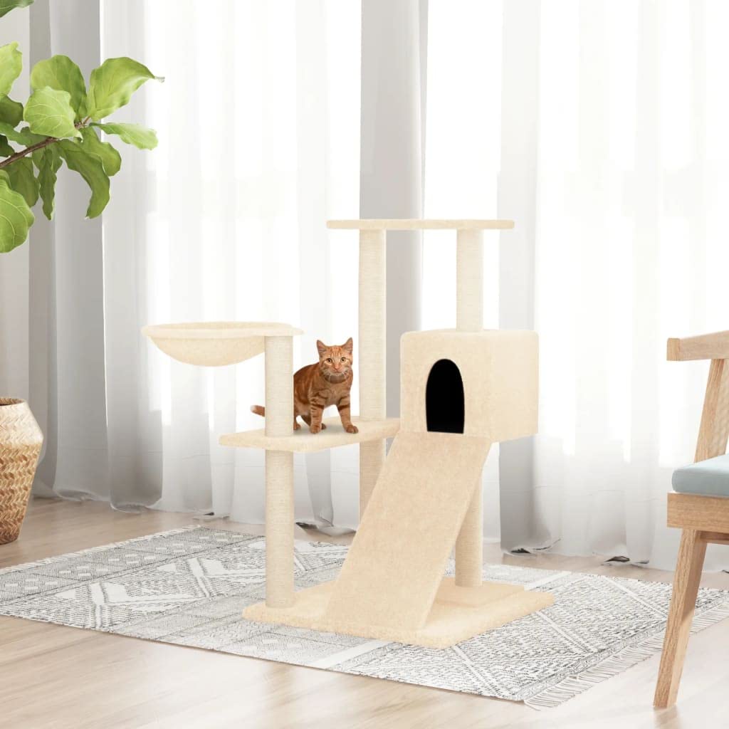 Kratzbaum mit Sisal-Kratzsäulen Creme 82 cm Stabiler Kletterturm für Katzen mit Hängematte, Höhle, L