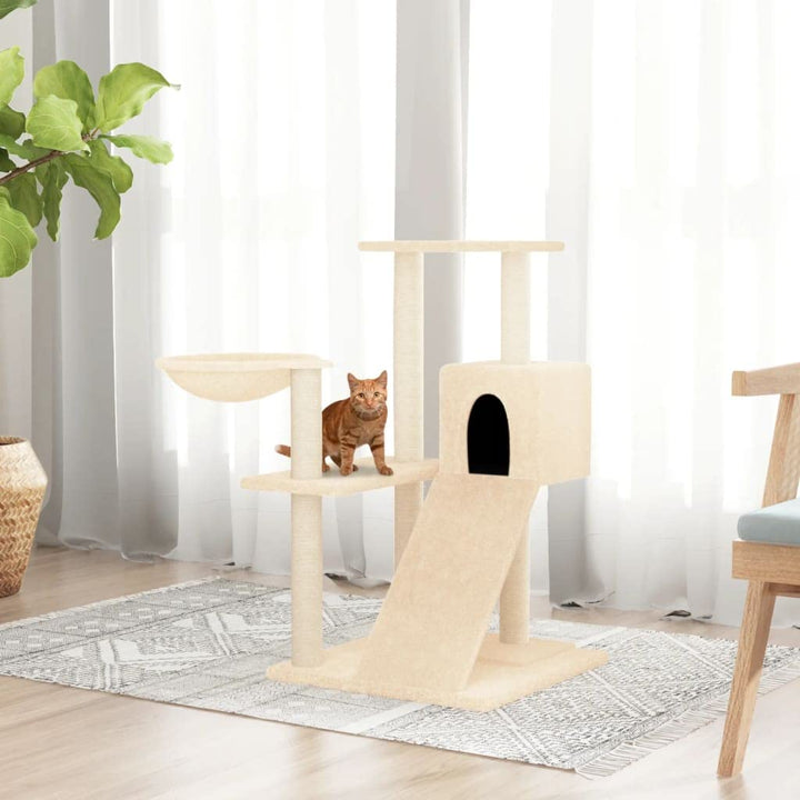 Kratzbaum mit Sisal-Kratzsäulen Creme 82 cm Stabiler Kletterturm für Katzen mit Hängematte, Höhle, L