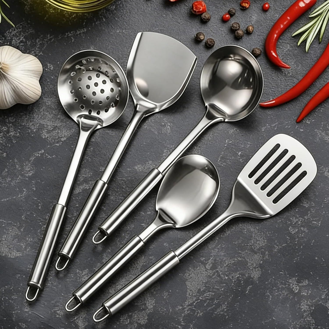 18teilig, Edelstahl Kochutensilien Set, mit Pfannenwender Suppenkelle Schaufel Schlitzwender Sieb Fl