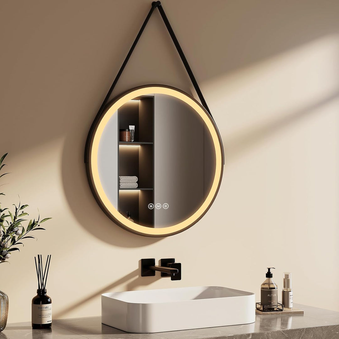 EMKE Badspiegel Rund Schwarz 60 cm, Badspiegel mit Beleuchtung und Touchschalter, 3 dimmbare Lichtfa