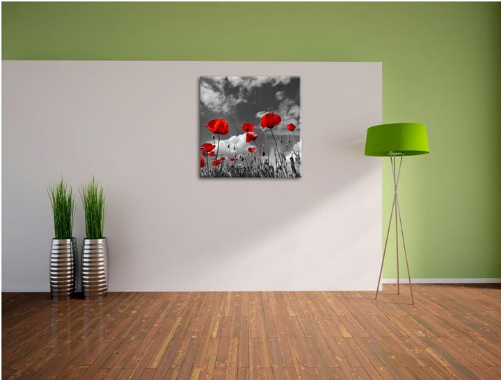 Pixxprint Wiese mit Blumen / 70x70cm Leinwandbild bespannt auf Holzrahmen/Wandbild Kunstdruck Dekora